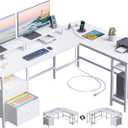 Furologee 66 L Shaped Desk with Power Outlet, Reversible Computer Gaming Desk with File Drawer & 2 Monitor Stands for Home Office with Storage Shelves, White