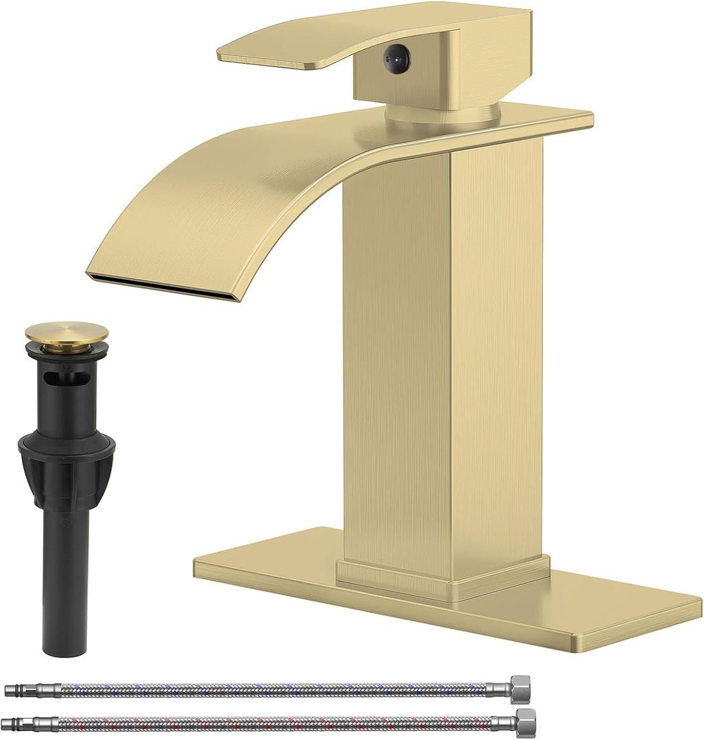 Brushed Gold Bathroom Sink Faucet Waterfall Single Hole Single Handle Lavatory Vanity Modern with Pop Up Drain with Overflow 1 or 3 Hole Deck Mounted Commercial Mixer Tap