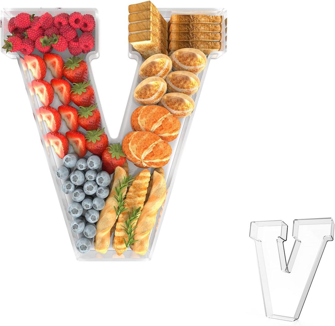 11" Acrylic Letter Charcuterie Tray, Charcuterie Letters Fillable Box for Food, Reusable Serving Cake Candy Dish Display Tray for Birthday Anniversary Party Decoration (Letter V)