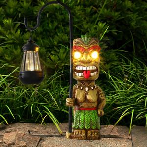 16.7" H Tiki Decor Garden Statue,Large Lantern Tiki Figurine with Solar Lights,Hawaiian Tiki Man Outdoor Patio Yard Lawn Bar Party Beach Pool Pond Halloween Christmas Decoration Ornament Gifts