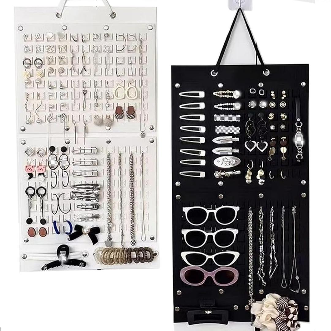 Hanging Jewelry Organizer Felt Holder for Earrings Necklaces Sunglasses Hair Clips with hooks Closet Wardrobe Wall Organizer for Home Accessories Display 704 Holes (Black)