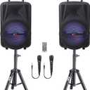 QFX PBX-800TWS Dual 8" Powered PA Speaker System | 2 Rechargeable Bluetooth Party Speakers, 2 Tripod Stands, 2 Wired Mics, Remote | TWS Stereo Pairing, RGB Lights, FM/USB/TF/AUX