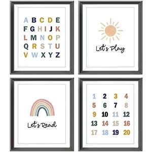 Pack of 2, Let’s Play Let’s Read Alphabets Numbers Educational Poster Prints for Home Kids Baby Room Playroom Nursery Classroom Decor,Boho Sun Rainbow Art Decorations Prints Wall Art Unframed 4pcs 8x10inches