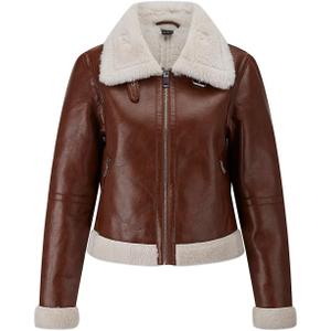 Women Fur Leather Jacket Shearing Cropped Faux Fur Lined Moto Biker Coat (Brown, M)