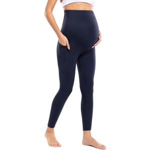 POSHDIVAH Women's Maternity Workout Nakedlux Leggings with Pockets Over The Belly Pregnancy Soft Activewear Yoga Pants (Medium, Deep Navy)