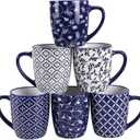 Schliersee 18 OZ Large Coffee Mugs Set of 6, Ceramic Mug for Man Woman, Blue White Geometric Floral Porcelain Cup for Latte, Tea, Cappuccino, Mocha, Cocoa, Housewarming Wedding Mug Present