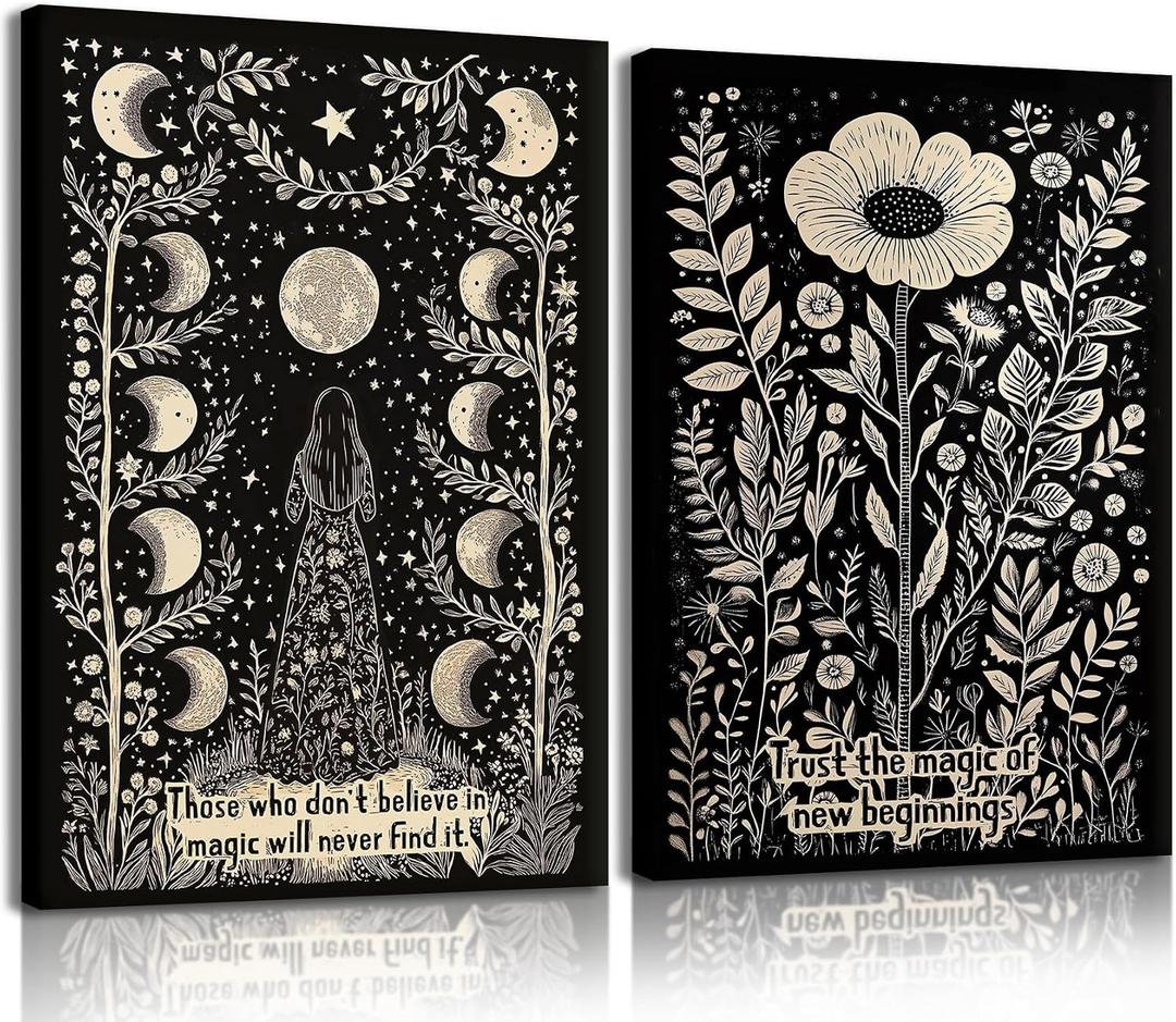 RUURUU 2Pcs Framed Vintage Black Flower Wall Art Inspirational Floral Wall Decor Motivational Quotes Pictures Positive Affirmations Posters Moon Paintings Prints for Living Room Bedroom 12x16 Inches