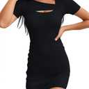 Valiamcep Women's Summer Mini Dress Short Sleeve Square Neck Cut Out Sexy Ribbed Knit Fitted Casual Pencil Bodycon Dresses, Small