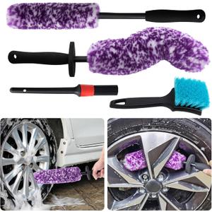 4 Pack Wheel Tire Cleaning Brush Kit Cars Motorcycles RVs Trucks Rim Hub Ultra Soft Microfiber No Spatter 360 Bendable Synthetic Woolies Wash Vehicles Bristle Set (Purple & White)