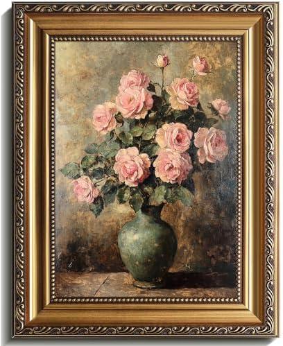 Vintage Floral Wall Art - Vintage Flower Posters Dark Academia Decor with Antique Gold Frame, Moody Autumn Botanical Prints for Bedroom, Living Room, Bathroom & Office Decor - 9x12 Inch