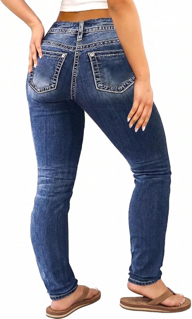 Flamingals Women's Butt Lifting Skinny Leg Jeans Stretchy Tummy Control Mid Rise Denim Jeans (Medium, Deep Blue Denim)