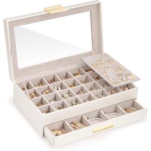 Lolalet Earring Storage Box Case with Glass Top, Large Earring Jewelry Holder Organizer Display with Drawer and Grid, Gift for Girls Women -2 Tiers, Cloud White