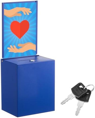 Weekgrat Metal Donation Box with Lock 6.7 x 5 x 8 Inch Safe Ballot Suggestion Box with Sign Holder and Slot Tip Jar Voting Collection Raffle Mailbox for Voting Fundraising Collection(Blue)