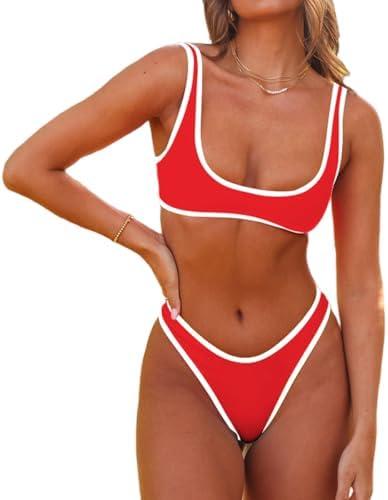 SherryDC Women's Sexy Scoop Neck Bikini Sets Color Block High Cut Thong Brazilian Two Pieces Swimsuit Bathing Suit, Red, L