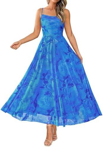 BTFBM Women Summer Floral Maxi Dresses Elegant Spaghetti Strap Dress Printed Party Dress Beach Long Dresses, XS, Extra Small