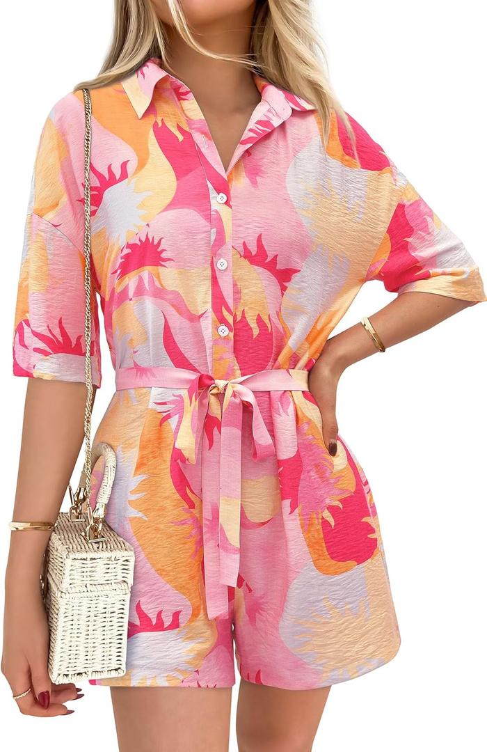 PRETTYGARDEN Womens Rompers for Summer 2025 Beach Vacation Clothes Short Sleeves Floral Jumpsuits Beach Cover Up (XL)