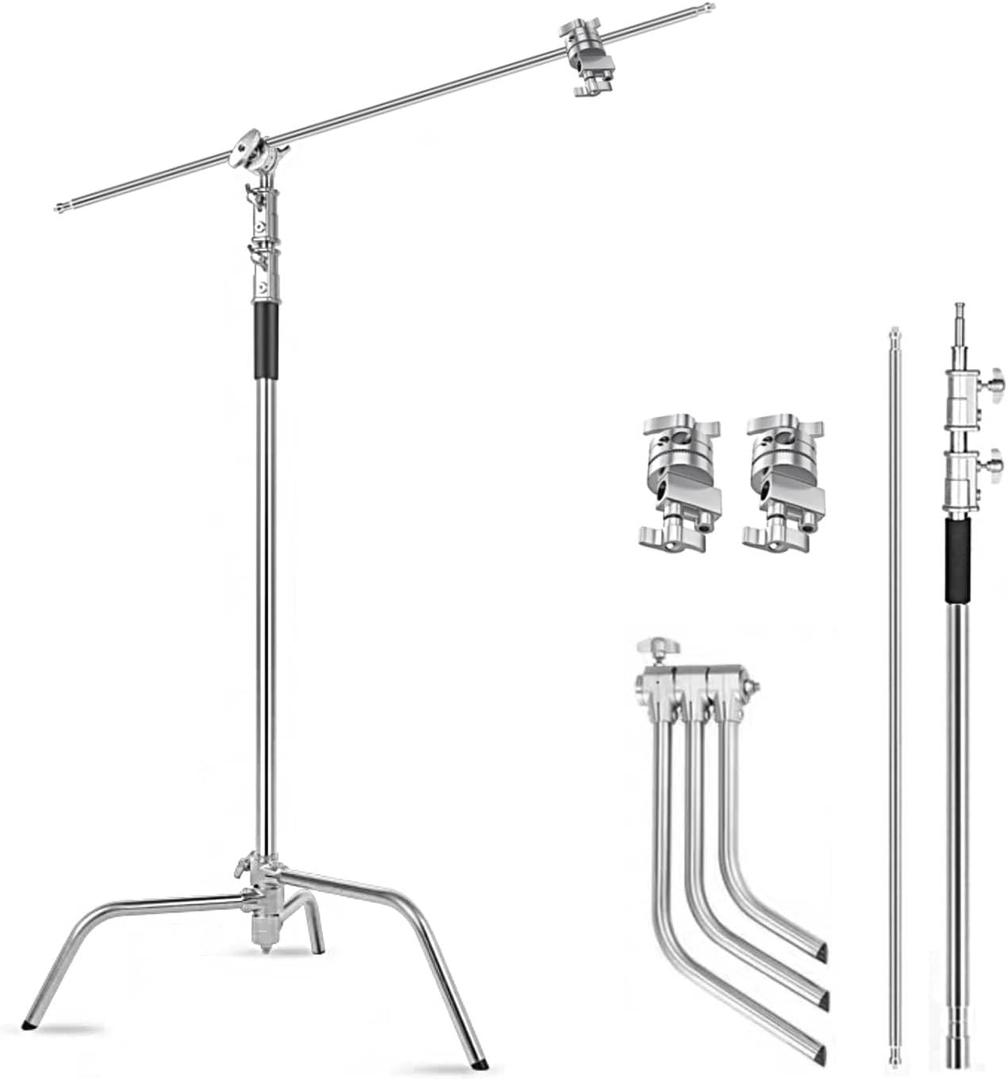 Heavy Duty C Stand with Boom Arm, Stainless Steel Heavy Duty Photography Light Stand, Adjustable Height 4.9ft-10.8ft, with 4.1ft Holding Arm, for Reflector, Umbrella, Softbox, Monolight (10.8 Ft/3.3M Stainless steel C stand)