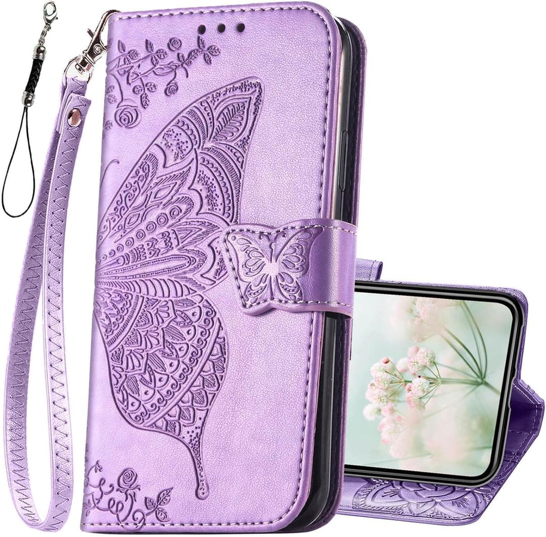 for iPhone 11 Wallet Case,Women Flip Folio Cover with Butterfly Embossed PU Leather Kickstand Credit Card Holder Slots Detachable Wrist Strap for iPhone 11 6.1 inch (Lavender)