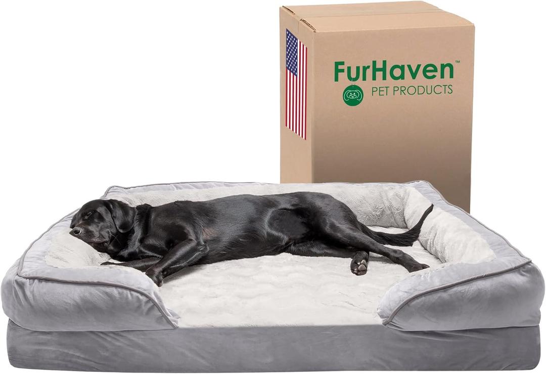 Furhaven Cooling Gel Dog Bed for Large Dogs w/ Removable Bolsters & Washable Cover, For Dogs Up to 125 lbs - Plush & Velvet Waves Perfect Comfort Sofa - Granite Gray, Jumbo Plus/XXL (53.0"L x 40.0"W x 10.5"Th)