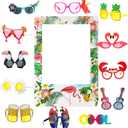 13 Pcs Luau Photo Booth Props Hawaiian Party Decorations, 12 Pairs Beach Themed Funny Summer Glasses, 1 PC Summer Photo Frame, Tropical Party Supplies Favors(Flamingo Frame)