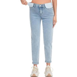 FABRACK Women's Maternity Jeans Mid-Rise Stretchy Boyfriend Jeans Under Belly Pregnancy Denim Pants with Elastic Inset Panel (Light Blue) S
