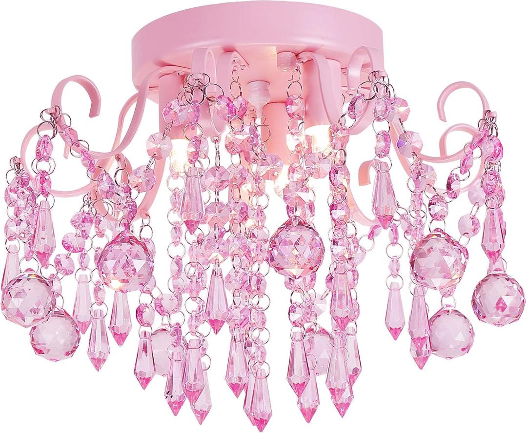 Q&S Mini Chandelier Crystal,Semi Flush Mount Pink Girl Chandelier, Small Crystal Ceiling Light Fixture Bedroom Bathroom Closet Nursery 3 Lights
