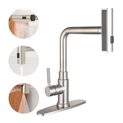Deseegoal Waterfall Kitchen Faucets with Pull Down Sprayer, Three Function Sprayer Single Handle Sink Faucet 1 or 3 Hole Installation, 360°Rotatable Kitchen Sink Faucet, Brushed Nickel