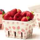 Farmhouse Ceramic Berry Basket, Colander, Strawberry Decor, Fruit Bowls/Baskets, Kawaii Kitchen bowl, Pink White and Cute Strawberry pattern Stoneware Harvest Square Bowls Set of 4