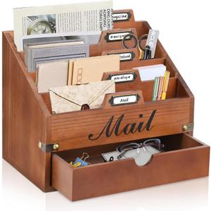 Wood Mail Organizer Countertop, Desktop Mail Organizer with 4 Compartments and Drawer, Mail Holder File Organizer Wall Mount, Desk Accessories & Workspace Organizers, File Paper Holder