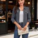Zamowoty Womens Long Sleeve Shirts Roll Up V Neck Collared Blouses Zip Front Dressy Business Casual Tops (Gray, XXL)
