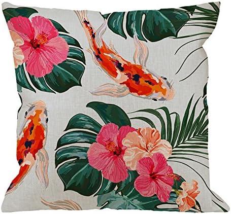 HGOD DESIGNS Fish Pillow Covers,Decorative Throw Pillow Koi Fish with Floral Tropical Palm Leaves Pillow Cases Cotton Linen Outdoor Indoor Cushion Covers for Home Sofa Couch 18x18 Inch, Green Pink