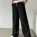 SOLY HUX Women's Drawstring Elastic Waist Wide Leg Pants Color Block Long Pants with Pockets (Black, M)