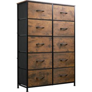 WLIVE Tall Dresser for Bedroom with 10 Fabric Drawers, Organizer Units for Closet, Storage Tower with Cabinet, Metal Frame, Rustic Brown Wood Grain Print Dressers
