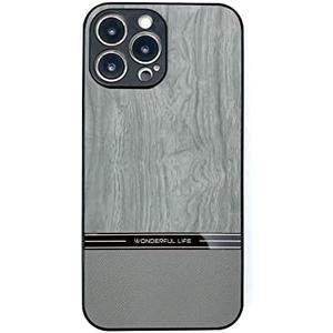 Luxury iPhone 13 Pro Max Case Wood with Leather Gray Cool Slim Wooden Shockproof Protective TPU Back Cover & Camera Protection Fashion Phone Case for Men & Women, Pack 3