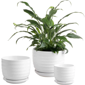 MyGift White Ceramic Pots for Plants, 6.7+5.3+3.9 inch Flower Planters, Succulent Pots Indoor with Drainage Holes and Tray, Set of 3