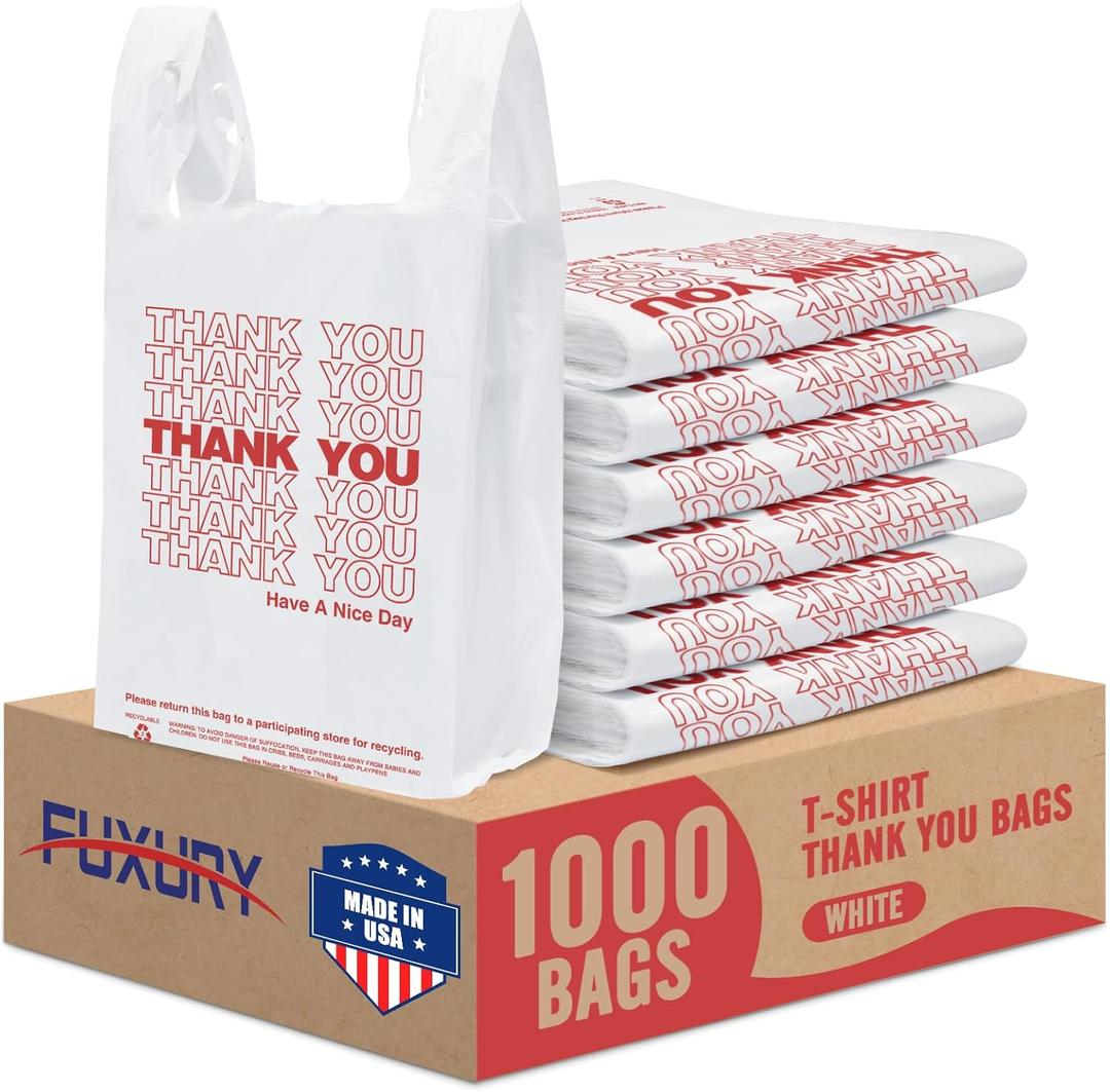 Fuxury 1000 Count Thank You Plastic Bags (11.5" x 6.5" x 21") White, T-shirt, Grocery, Take Out, To Go, Retail Shopping Bags in Bulk (Made in USA)