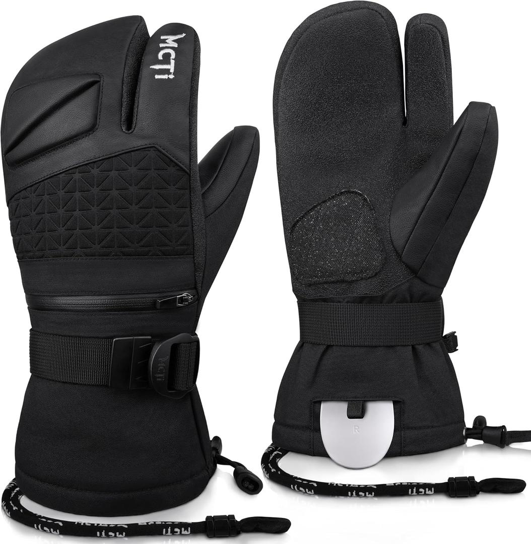 MCTi Snowboard Gloves with Wrist Guard 3-Finger Waterproof Mittens for Winter Snow Skiing (Large, Black)