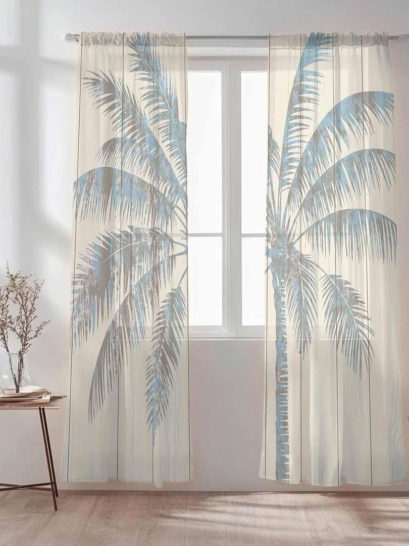 Semi Sheer Curtains 96 Inches Long, Tropical Palm Tree Vintage Wood Window Treatments Curtains, Light Filter Curtains Rod Pocket Drapes for Living Room Bedroom, 2 Panels