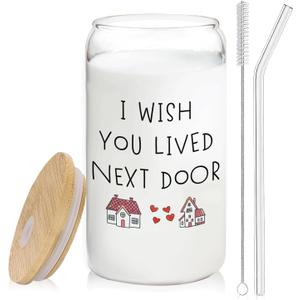 I Wish You Lived Next Door Glass Cup Lids and Straws 14oz, Best Friend Bestie BFF Gifts for Women, Friendship Gifts Glass Iced Coffee Tumbler Drinking Jars with Cleaning Brush