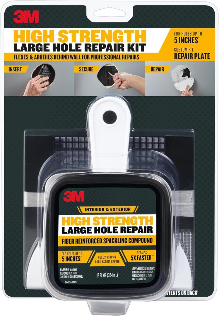 3M High Strength Large Hole Repair Kit, Includes Fiber Reinforced Spackling Compound (12 oz.), Repair Plate, Putty Knife and Sanding Sponge, For Easy Wall Repair, No Shrinking or Cracking (LHR-KIT)