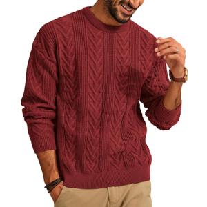 PJ PAUL JONES Mens Crewneck Sweater Casual Cable Knit Pullover Sweater Drop Shoulder Solid Knitted Sweaters (Large, Red)