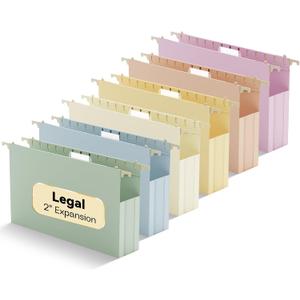 Extra Capacity Legal Size Plastic Hanging File Folders,Reinforced 2" Pastel Expanding Pocket,12 Pack Legal Hanging Folders for Filing Cabinet,Expandable Hang Folder with tabs,for Office School