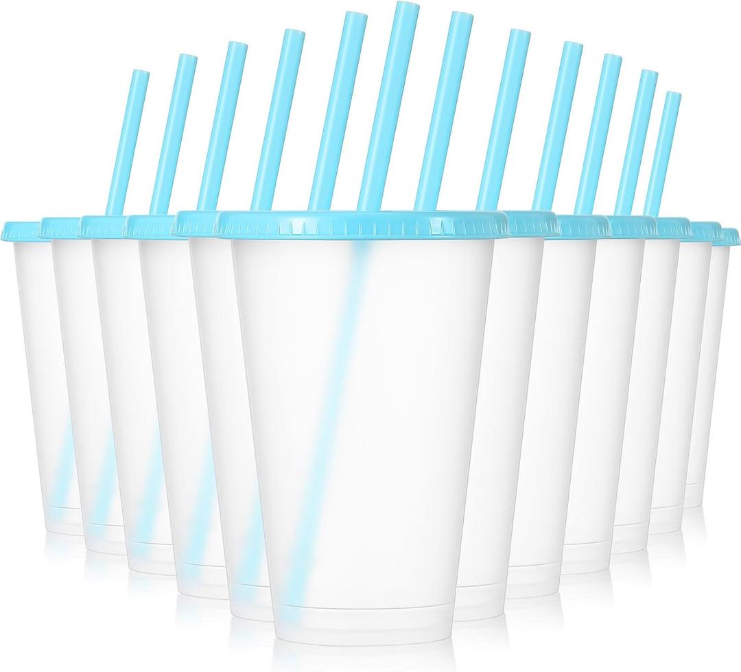 Mifoci 12 Pcs Plastic Tumbler with Lids and Straws Reusable Plastic Tumblers Bulk Mug Tumbler with Straw and Lid Tumbler Ice Cold Drinking Cup for Water Smoothie Birthday Party (Blue,16oz)