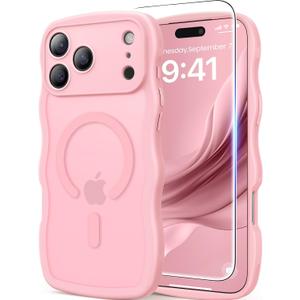 3 in 1 Magnetic for iPhone 17 Pro Max Case, Cute Wavy [Full Camera Protection] [Fit for MagSafe] 1X Screen Protector + 1X Wrist Strap, Trendy Women Girly Case for iPhone 17 ProMax 6.9", Peach Pink