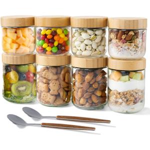 Agotglmi Glass Jars with Airtight Lids, Overnight Oats Containers Set of 8(16oz & 8oz), Wide Mouth Mason Jars for Meal Prep, Salad, Snack, Food Storage, Bathroom Organizer & DIY Crafts with 2 Spoons