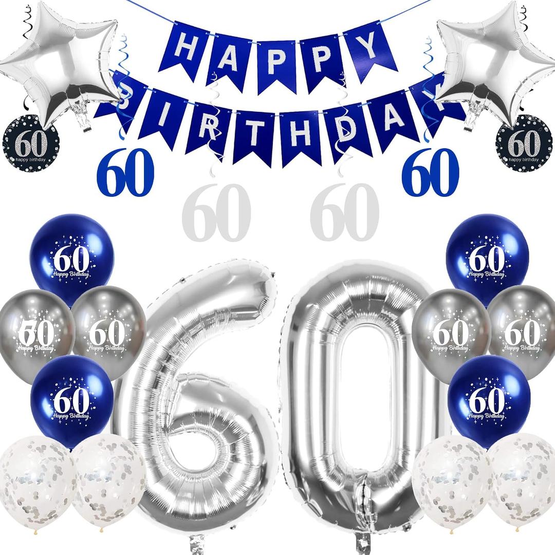 Silver 60th Birthday Decorations for Men Women, Number 60 Balloons | 16-balloon kit: two 32in Number 60 foil balloons, banner, star, latex & confetti balloons, glitter swirls; air or helium