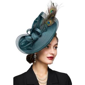 BABEYOND Derby Hats for Women - Peacock Feather Tea Party Fascinator Kentucky Hat Straw Derby Hat for Cocktail Wedding