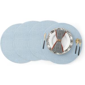 4 Piece Round Placemat 15 Inch Soft Linen eco-Friendly Fabric Handcrafted Machine Washable Indoor & Outdoor Tablemat Light Blue