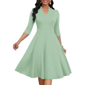 MarryUP Church Dress for Women V Neck 3/4 Sleeve Midi Causal Cocktail Party A-Line Dresses with Pockets M