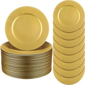 Jinei Charger Plates, 100Pcs Gold Plastic Reusable Dinner Charger Plates, 13'' Round Vintage Table Decoration, for Wedding, Party & Holiday, Approx. 13 Inches in Diameter